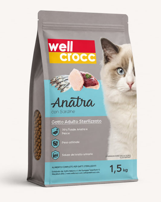 Wellcrocc Gatto Adulto Sterilizzato Anatra con Sardine
