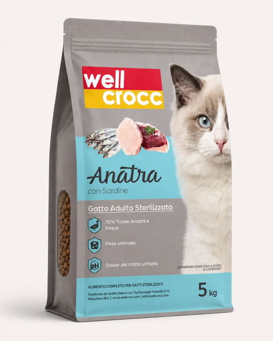 Wellcrocc Gatto Adulto Sterilizzato Anatra con Sardine