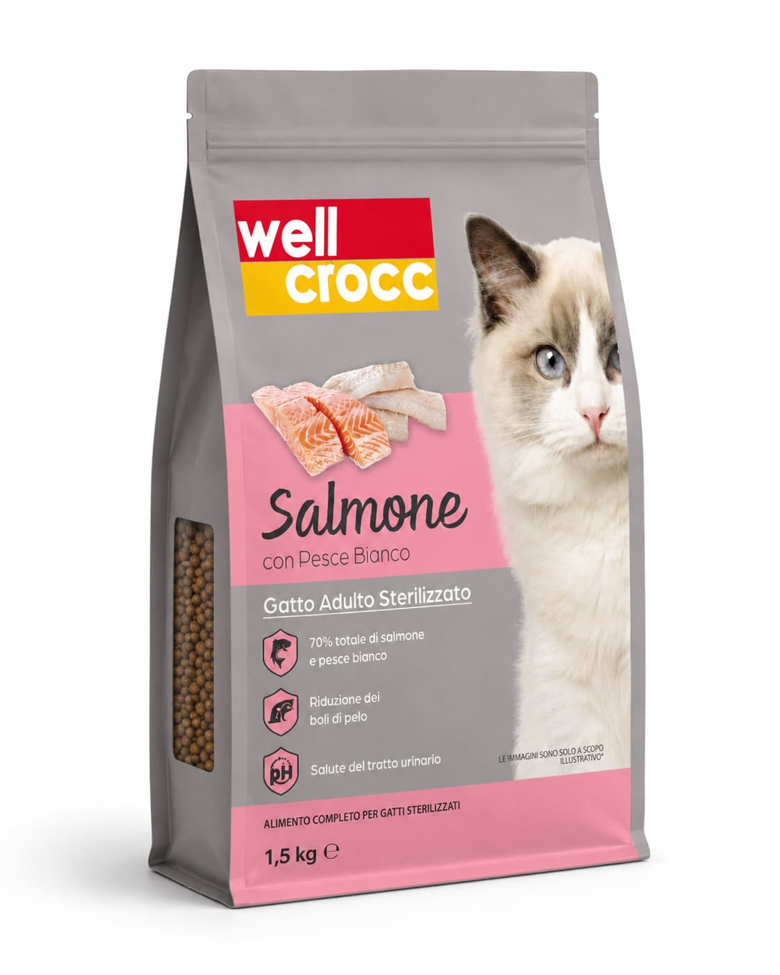 Wellcrocc Gatto Adulto Sterilizzato Salmone e Pesce Bianco