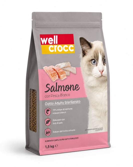 Wellcrocc Gatto Adulto Sterilizzato Salmone e Pesce Bianco