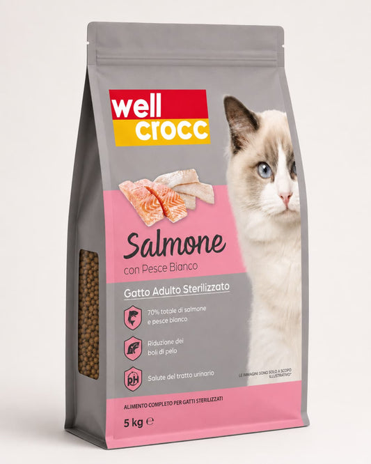 Wellcrocc Gatto Adulto Sterilizzato Salmone e Pesce Bianco